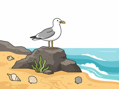 A cartoon seagull standing on a dark rock by the ocean.