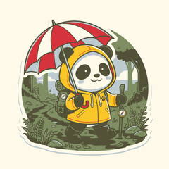 Cute Panda Hiking with Umbrella in Forest © moh