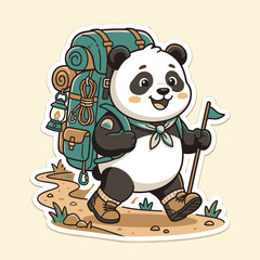 Cute Panda Hiker with Backpack on Nature Trail © moh