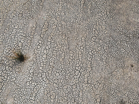 Aerial view of parched earth split into a mosaic of curling, sun-baked clay plates, a stark record of prolonged drought and vanishing water