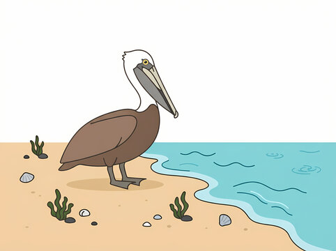 A brown pelican standing on a sandy beach near the water.