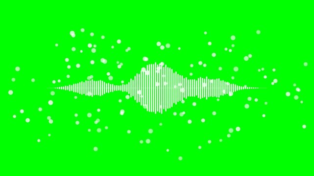 A 4K green screen animation featuring a white audio spectrum sound wave. Transparent white particles surround the wave and pulsate in size and opacity reacting to the audio rhythm.