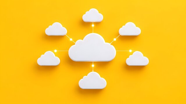 3D white cloud icons connected by lines on a vibrant yellow background symbolizing cloud computing networks data synchronization and digital communication