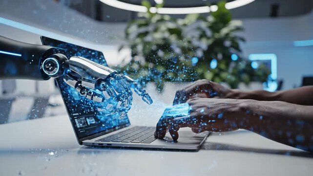 Robot arm and human hand interact with a laptop screen