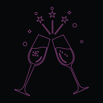 Minimalist line art vector illustration of two champagne flutes toasting with sparkling stars and bubbles for celebration and festive party events, isolated on a black background.