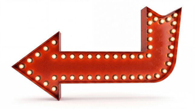 Bright glowing retro red metal pointer arrow sign with illuminated light bulbs on white background