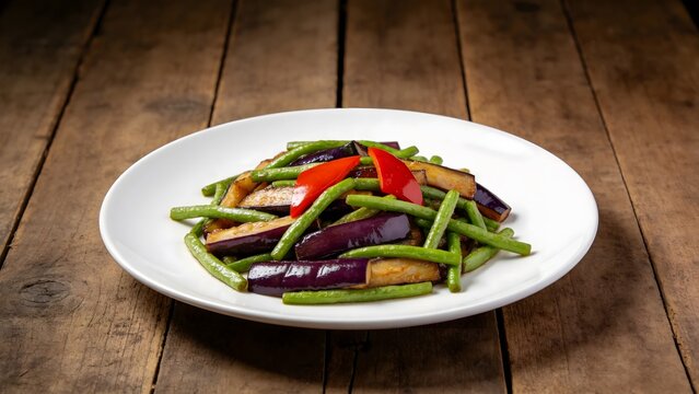 Stir-fried eggplant and green beans with red bell pepper on a white plate