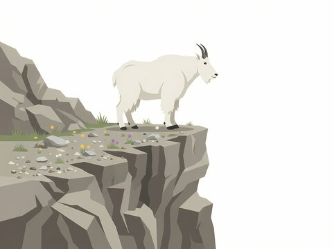 A majestic white mountain goat standing on a rocky cliff edge.