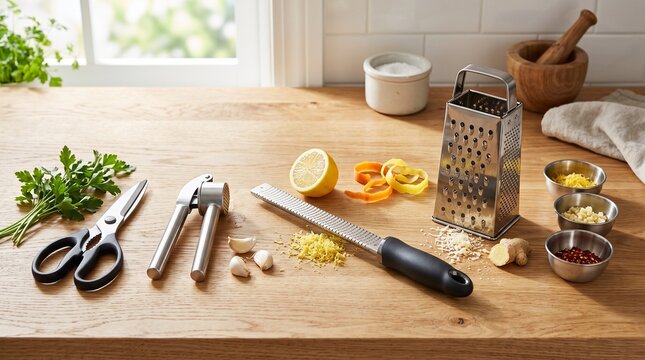 Collection of essential kitchen tools and fresh ingredients on a wooden countertop.