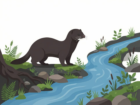 A dark brown mink standing on the grassy bank of a flowing river.