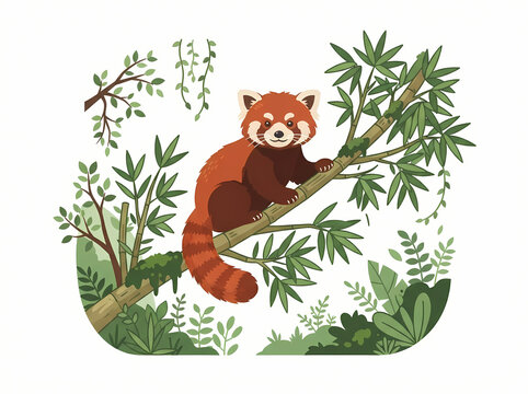 A cute red panda resting on a bamboo branch in a forest.