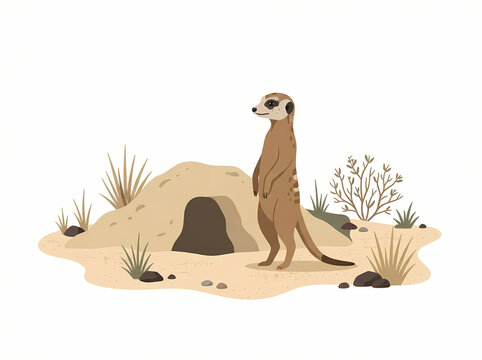 A cute meerkat standing upright in the desert near its burrow entrance.