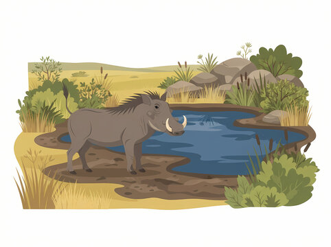 A detailed illustration of a wild warthog standing near a watering hole.
