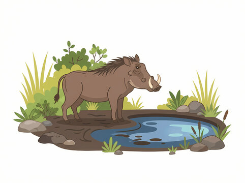 A detailed illustration of a wild warthog standing near a small pond.