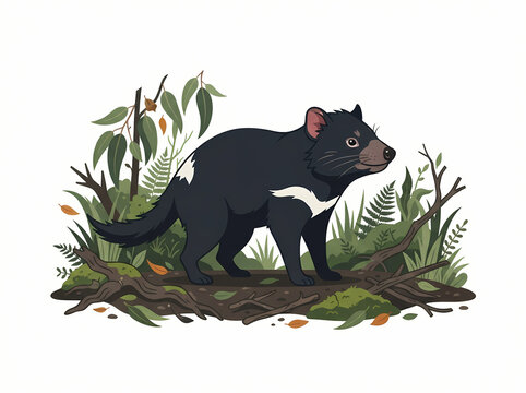 A detailed illustration of a Tasmanian devil standing in its natural habitat.