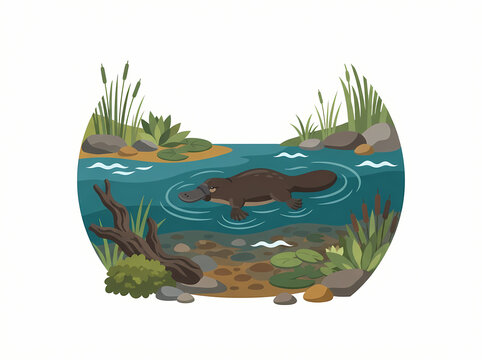 A brown platypus swimming in a blue river surrounded by lush aquatic vegetation.