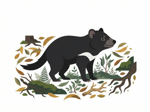 A detailed illustration of a Tasmanian devil standing in a natural forest environment.