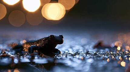 Obraz premium Small Black Salamander Sitting on Wet Ground with Bokeh Lights