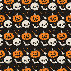 Obraz premium Seamless Halloween pattern with cute spooky pumpkins, skulls, bats, and witch brooms on a dark background