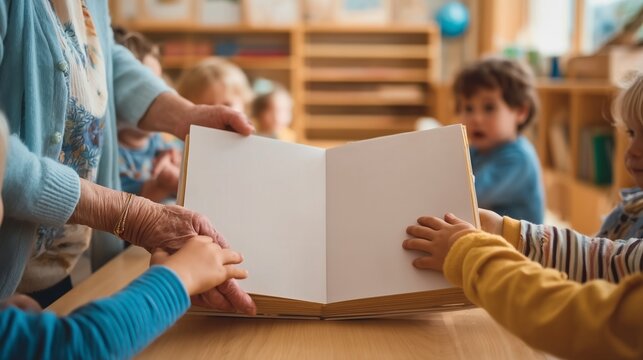 Educator holding an open blank book for young children in a classroom