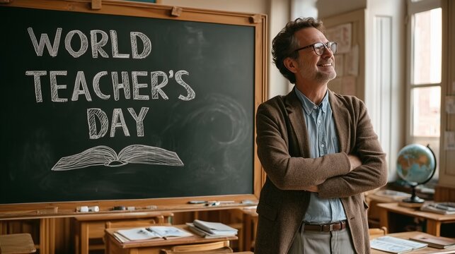 Smiling Male Teacher Beside World Teacher's Day Chalkboard in Classroom