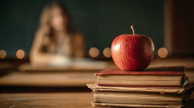 Red apple on a stack of worn books in a classroom
