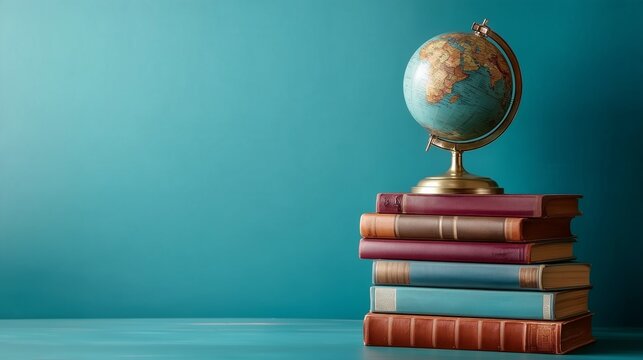 Globe on Stacked Books Against Teal Background with Copy Space