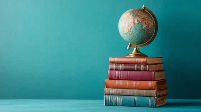 Vintage globe on a stack of old books against a teal background