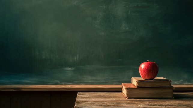 Red Apple on Stack of Vintage Books on Wooden Desk with Blackboard Copy Space