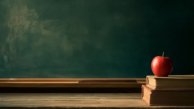 World Teachers' Day background with red apple on stack of books and blank chalkboard for copy space