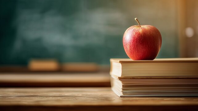 Fresh red apple on a stack of books upon a wooden desk in a classroom for World Teachers' Day concept