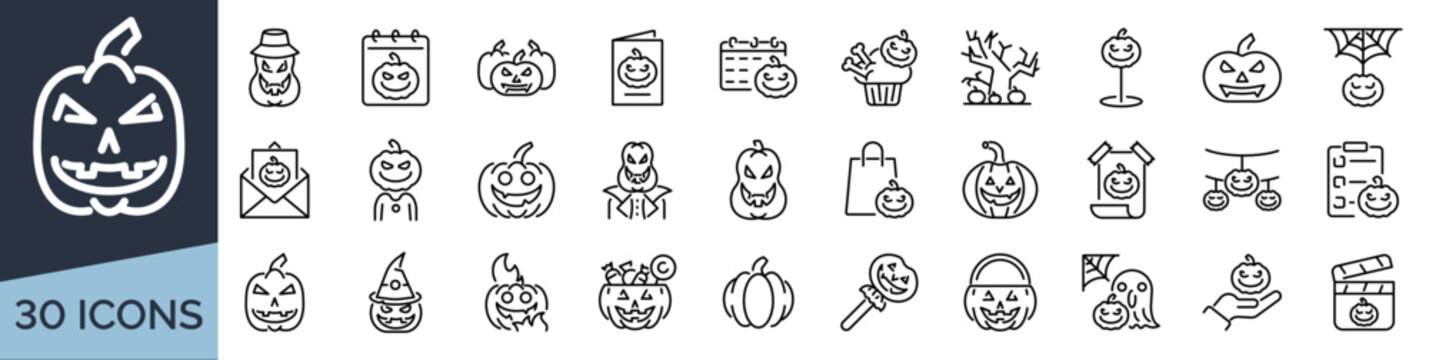 Set of 30 outline icons related to halloween pumpkin. Linear icon collection. Editable stroke. Vector illustration