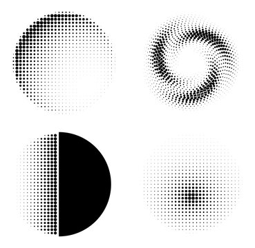 Set of four abstract halftone circle shapes with dot patterns isolated on transparent background
