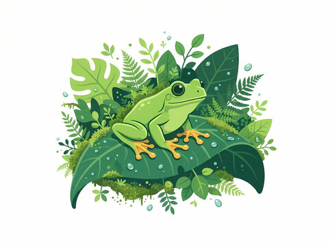 A vibrant green tree frog resting peacefully on a large tropical leaf.