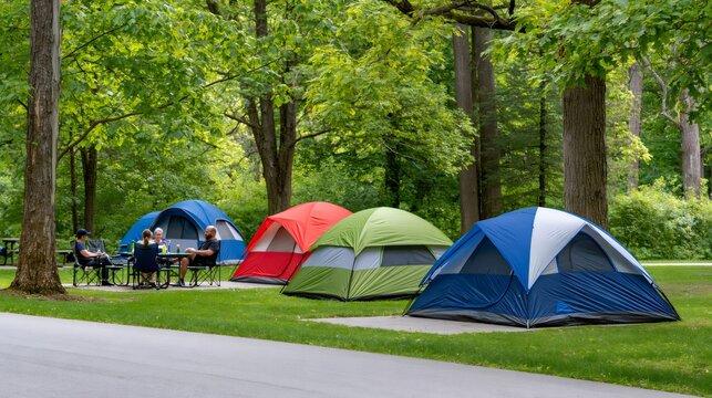 Friends enjoying summer camping trip at campground