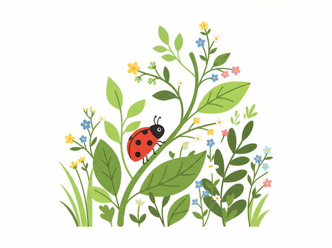 A vibrant red ladybug crawling on a green plant stem surrounded by colorful wildflowers.