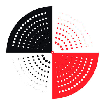 Abstract circular design with four quadrants featuring halftone dot patterns in black and red colors isolated on transparent background