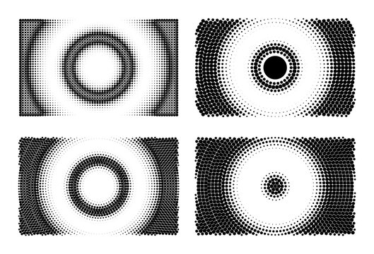 Set of four abstract halftone circular patterns with radial dot gradients isolated on transparent background