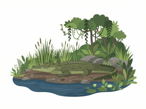A large green crocodile resting on the muddy bank of a tropical river surrounded by lush vegetation.