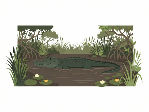 A large green alligator resting in a murky swamp surrounded by water lilies.