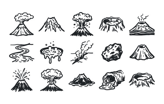 Natural disaster and earth science illustration set showcasing doodle style seismic activity smoking volcanoes molten lava pools volcanic tubes and geological landscape elements