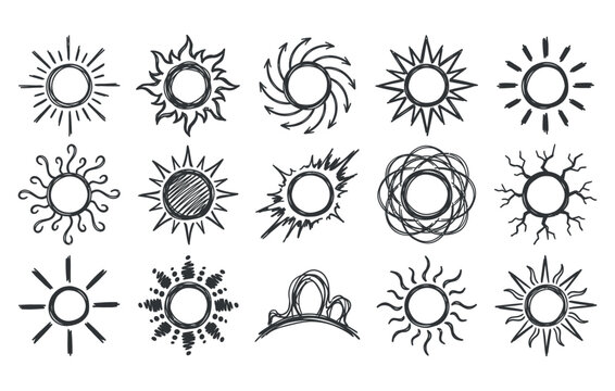 Organic hand drawn sunburst illustrations packed with uneven ray strokes erratic scribble circles and vintage summer weather elements for unique merchandise layout projects