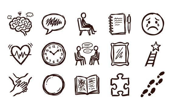 Psychotherapy and emotional wellness doodle bundle displaying messy sketchy support hands open books target circles talk therapy icons and healing assets