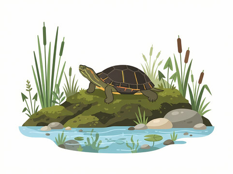 A detailed illustration of a pond turtle resting on a mossy rock.
