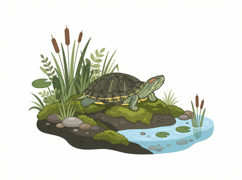 A detailed illustration of a pond turtle resting on a mossy rock.