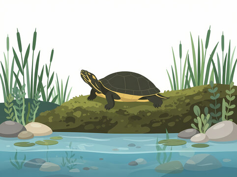 A detailed illustration of a painted turtle resting on a mossy log.