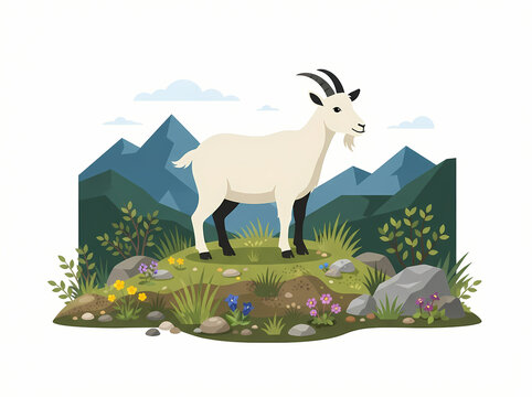 A white mountain goat standing on a grassy hill.