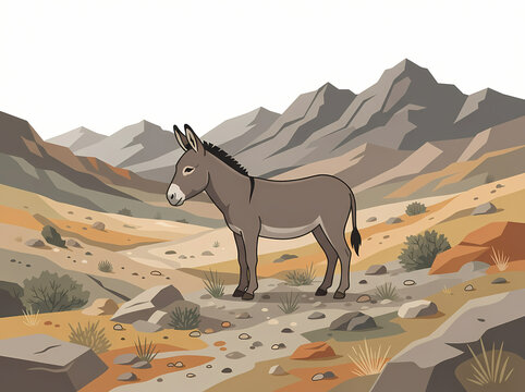 A realistic illustration of a grey donkey standing in a desert landscape.