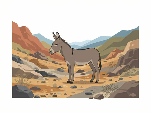 A realistic illustration of a grey donkey standing in a desert landscape.