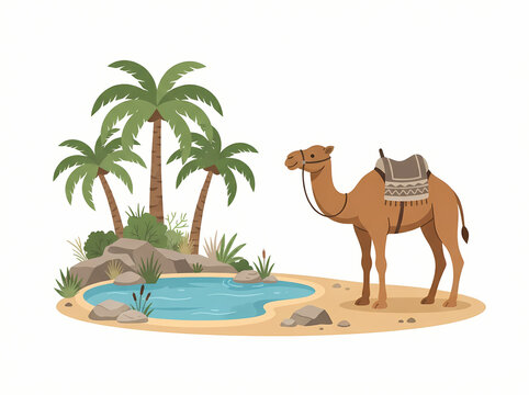 A majestic dromedary camel standing near a desert oasis with palm trees.